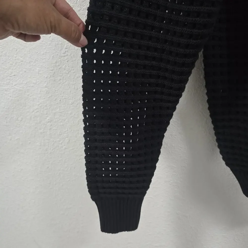 ZARA Mens Black Knit Hoodie Sweater Waffle Open Weave Cotton Pullover Size M - Picture 6 of 11